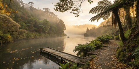 Fototapeta premium Soft Golden Light of Misty Dawn in Hamilton, Waikato, New Zealand - Serene Nature Landscape Scene