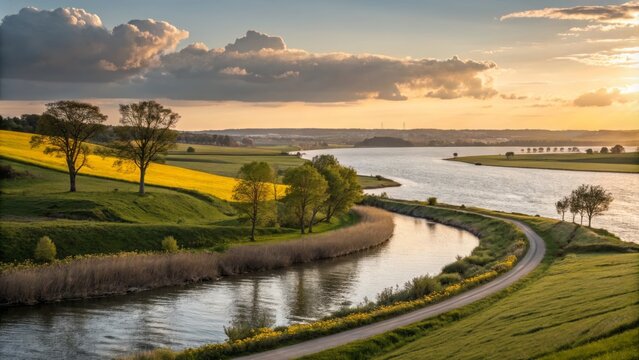 Soft Serene Sunset Over Vejle Fjord with Winding Waterway in Tranquil Denmark Landscape View