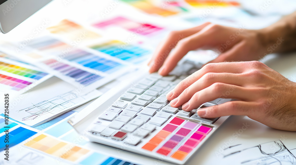 Poster designer working on a computer with color swatches and designs.