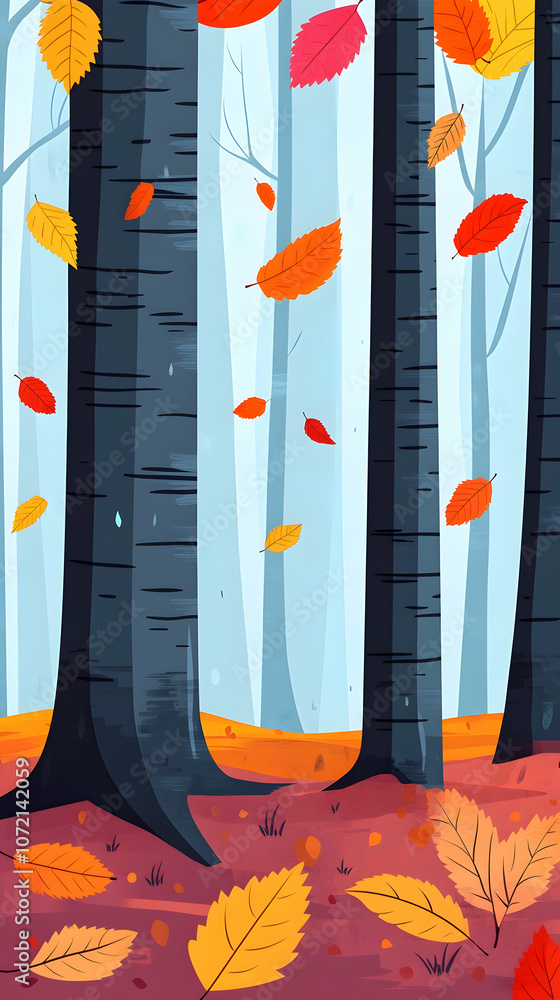 Poster fall foliage in a forest with colorful leaves falling from trees.