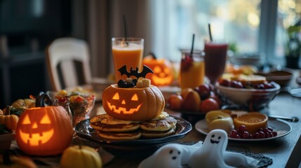 Naklejka premium Halloween Breakfast with Pumpkin Pancakes.