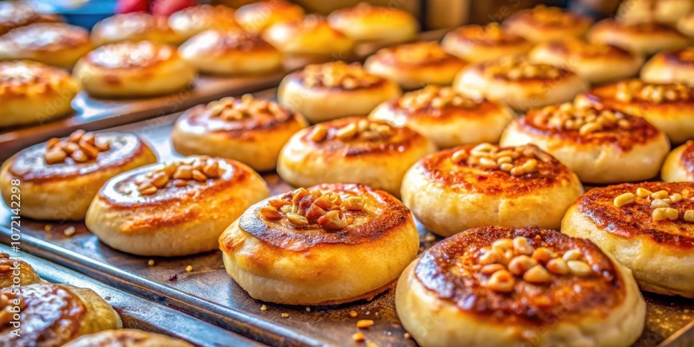 Poster golden-brown pastries with crispy edges and scattered nuts, arranged in a delightful display on wood