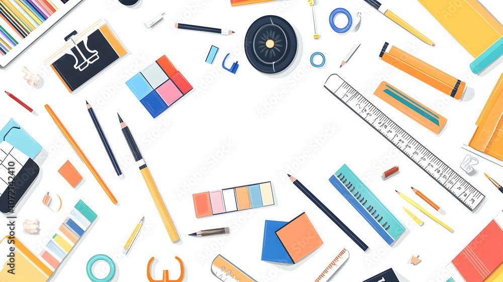 Poster flat lay of various stationery items for art and design, scattered on a white background with a blan