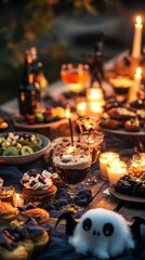 Fototapeta premium Halloween Party Table Setting with Dessert and Drinks.