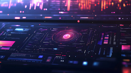 Obraz premium Futuristic digital interface with glowing neon lines and a red orb in the center.