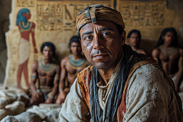 Naklejka premium Ancient Egyptian artisan working in a lively workshop