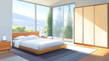 Fototapeta premium Modern bedroom with large windows overlooking a mountain view and a wooden floor.