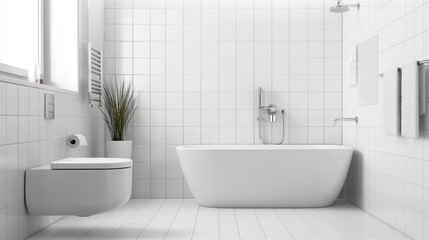 A modern, minimalist bathroom featuring a bathtub, toilet, and green plant, all set against a clean, white tiled backdrop.