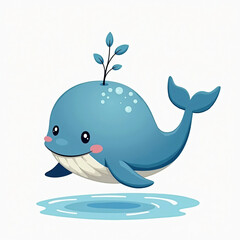 Cute cartoon whale with a plant on its head, swimming joyfully in a serene ocean, symbolizing environmental awareness, sustainability, and the beauty of marine life in a whimsical style