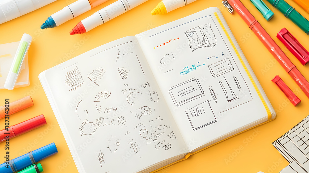 Aufkleber open notebook with colorful markers and sketches on yellow background.