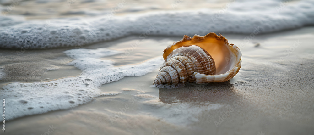 Poster seashell on the beach with receding waves.