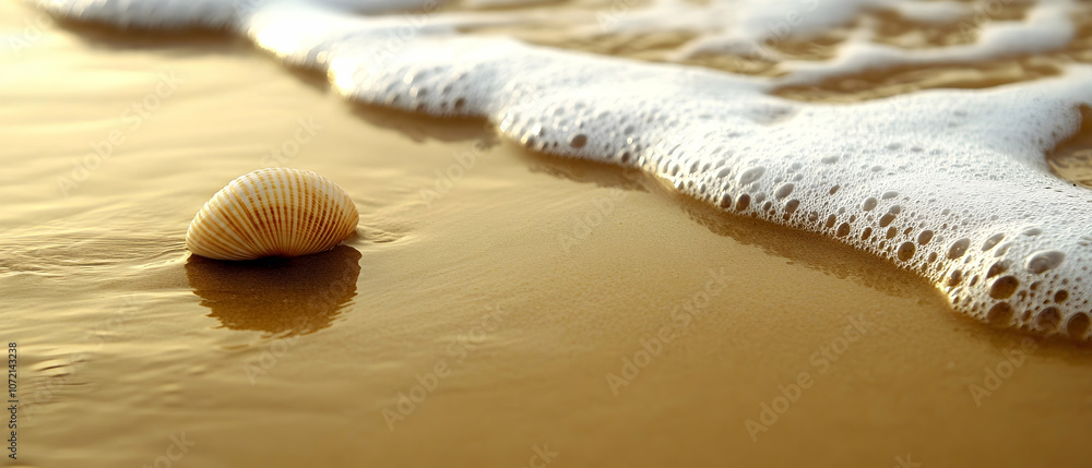 Poster seashell on sandy beach with receding wave.