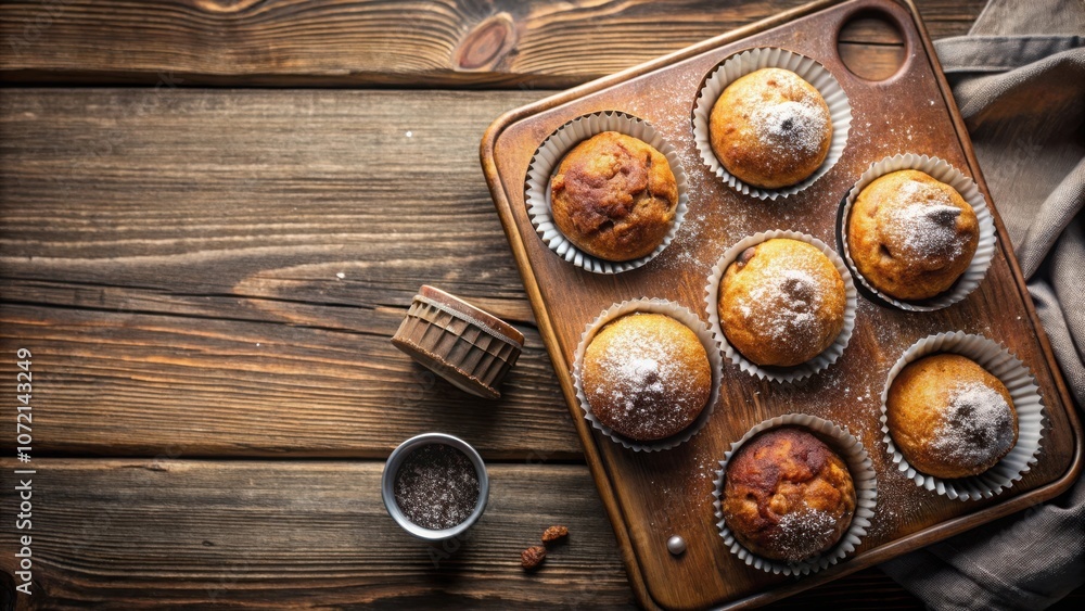 Poster a tray of freshly baked muffins dusted with powdered sugar, showcasing a rustic charm and inviting a