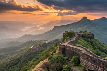 Vibrant Colorful Sunset Over Majestic Sinhagad Fort and Dramatic Hills in Pune, India