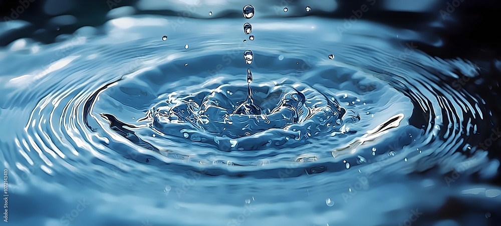 Poster a close-up of a single water droplet splashing into a serene pool of water, creating concentric ripp