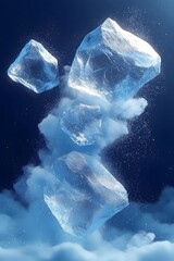Obraz premium A stunning visual of three large ice cubes floating atop a cloud of mist, illuminated by soft blue light, creating an ethereal and tranquil atmosphere.