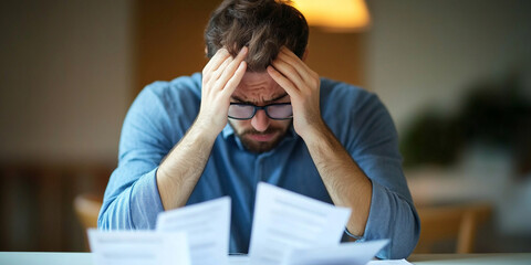 Stressed individual reviewing bills and documents, feeling overwhelmed and anxious about finances and responsibilities. cluttered table adds to tension