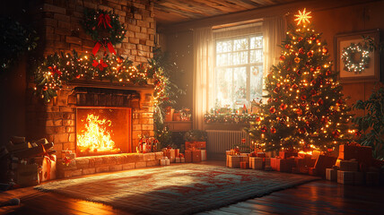Cozy Christmas Living Room with Decorated Tree and Fireplace Warmth