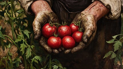 Close-Up of Hands Holding Fresh, Ripe Red Tomatoes Surrounded by Vibrant Green Leaves in an Agricultural Setting Capturing the Essence ofOrganic Farming