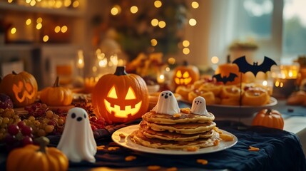 Naklejka premium Halloween Pancakes with Ghost Toppings.