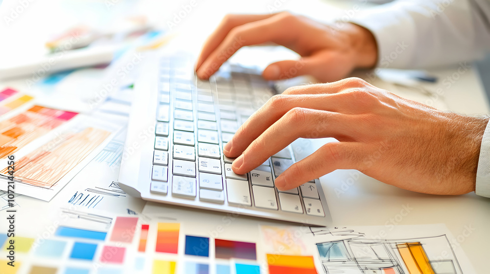 Poster a close-up of a man's hands typing on a white keyboard, surrounded by design elements.