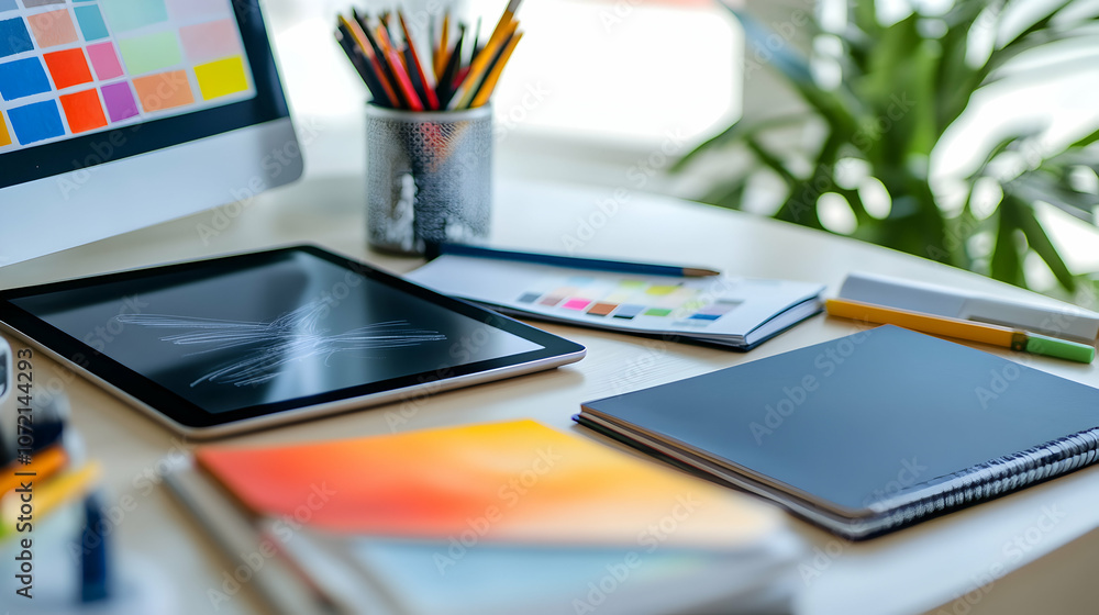 Poster a close-up of a tablet, notebooks, pencils, and a computer monitor on a desk in a modern workspace.