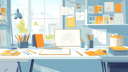 A clean, modern workspace with a desk, a lamp, pencils, notebooks, and a whiteboard.