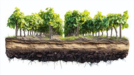 a vineyard, with grapevines growing in neat rows, showing layers of soil beneath the surface with deep roots isolated on white background