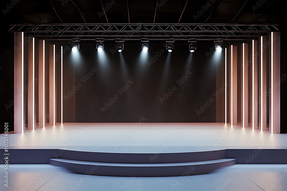 Poster empty exhibition stage with lighting on dark background. 3d rendering