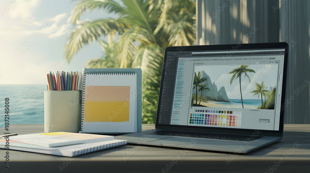 Poster a laptop computer with an open photo editing software on a table with supplies, against the backdrop