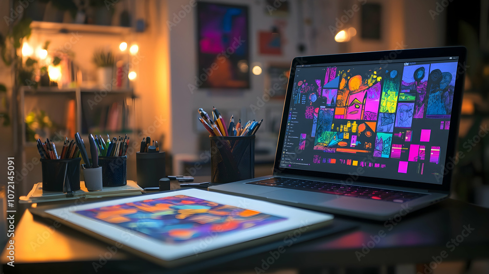 Poster a laptop with an open design software program sits on a desk with a drawing tablet and art supplies.