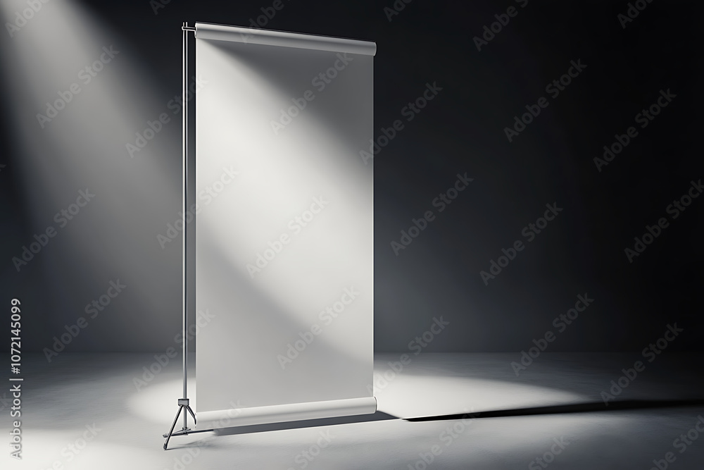Poster blank roll-up banner in a minimalistic studio setting with spotlight. 3d rendering