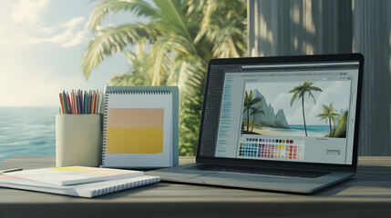 A laptop computer with an open photo editing software on a table with supplies, against the backdrop of a tropical beach.