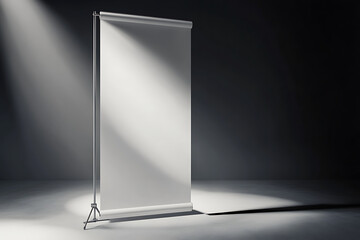 Blank roll-up banner in a minimalistic studio setting with spotlight. 3D Rendering