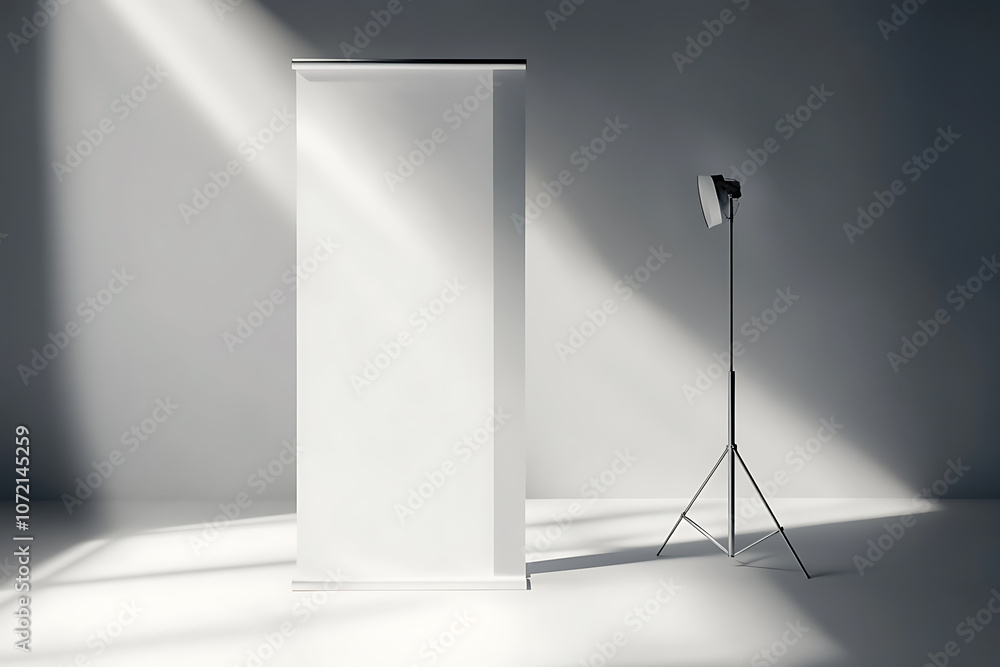 Poster blank roll-up banner in a minimalistic studio setting with spotlight. 3d rendering
