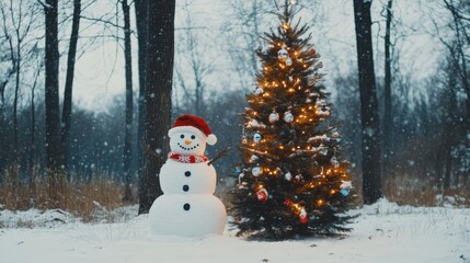 Fototapeta premium Snowy Winter Wonderland Featuring Cheerful Snowman and Festively Decorated Christmas Tree Surrounded by a Peaceful Forest in Gentle Falling Snow