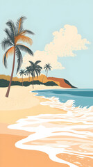 Fototapeta premium A peaceful tropical beach scene with palm trees, white sand, and blue waves crashing on the shore.