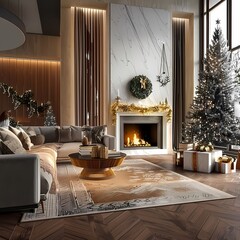 Modern Christmas Living Room with Fireplace and Tree