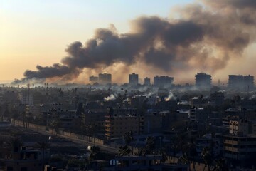 Obraz premium Smoke rises from buildings after an airstrike in Sanaa, Yemen, on March 26, 2015