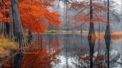Autumnal Reflections in a Misty Forest