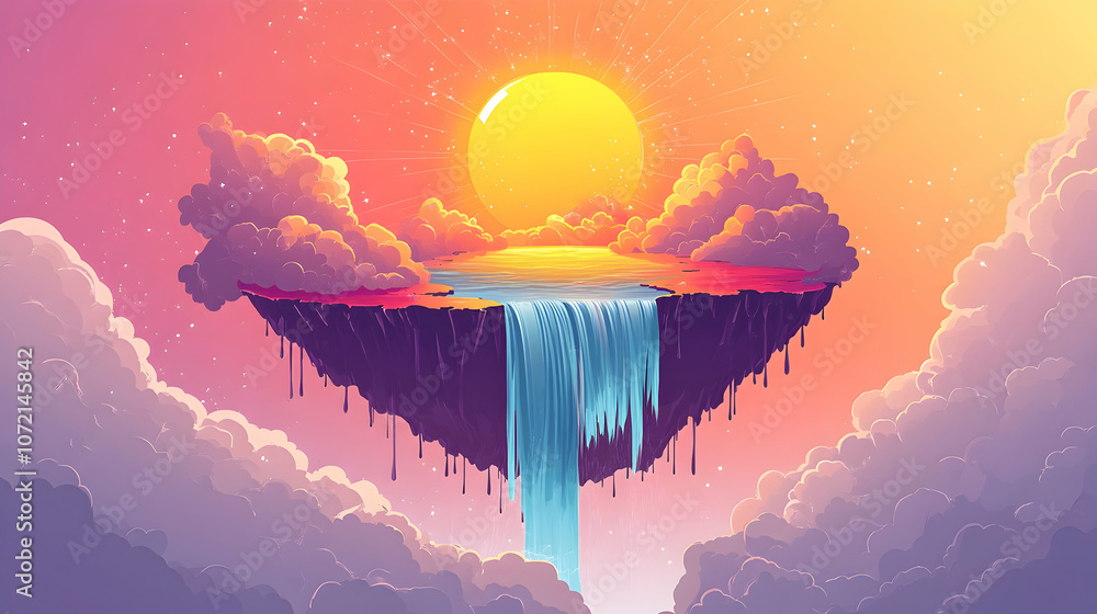 Poster a surreal, whimsical illustration of a floating island with a waterfall cascading from its edge. the