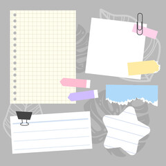set of vintage paper notes, blank and line paper, memo for reminder, diary or planner. vector, illustration design.