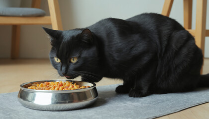 Pretty black cat eating food in house, next to silver bowl of food 