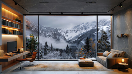 Obraz premium Photorealistic, photography, Home office in a modern penthouse apartment with a view of the winter landscape in the mountain.