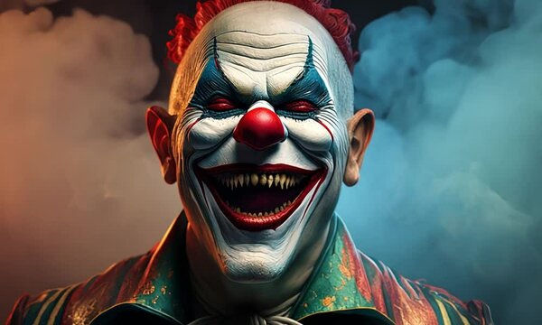 erratic and terrifying joker laughing with smoke and dark background