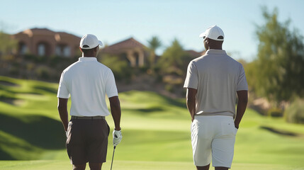 Fototapeta premium Golfers Discussing Strategy on Sunny Day at Golf Course