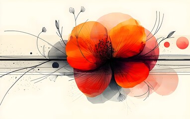 A vibrant abstract illustration featuring a large orange flower with delicate black lines and soft circles in the background, creating a harmonious and modern artistic composition.