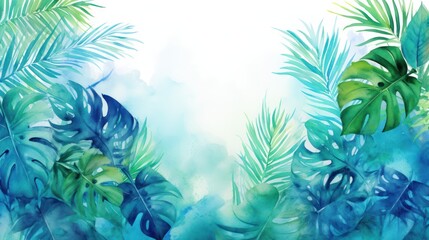 Tropical Paradise. Lush Watercolor Monstera and Palm Leaves on Light Background with Blank Space for Text