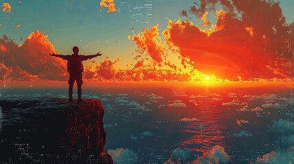 Obraz premium A solo traveler standing on the edge of a cliff, overlooking a vast ocean, arms wide open, freedom and exploration, stunning natural scenery at sunset