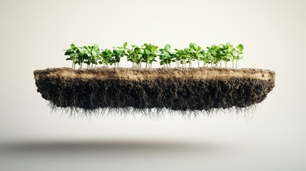 Small plot of land with newly planted saplings, showing layers of fertile soil and tiny roots beginning to spread, floating mid-air on a white background.